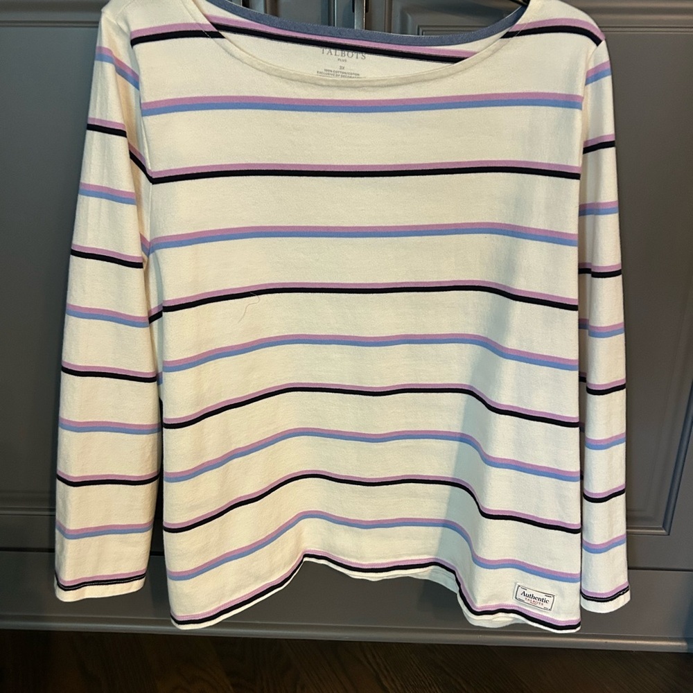 Talbots White and Purple Striped Long Sleeve Top